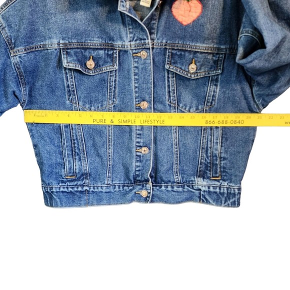 Forever 21 Denim Jean Jacket Embroidered Peach Festival Boho Mod Size S - Picture 5 of 9